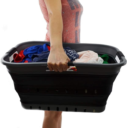 SAMMART 42L Collapsible Plastic Laundry Basket - Foldable Pop Up Storage Container/Organizer - Space Saving Hamper/Basket (1, Grey/Black)