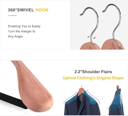 TOPIA HANGER Unfinished American Red Cedar Wood Coat Suit Hangers, Luxury Wooden Jacket Clothes Hangers, Wide Shoulder with Black Padded Pant Bar- 360°Flexible Hook, 4 Pack- Natural- CT07W