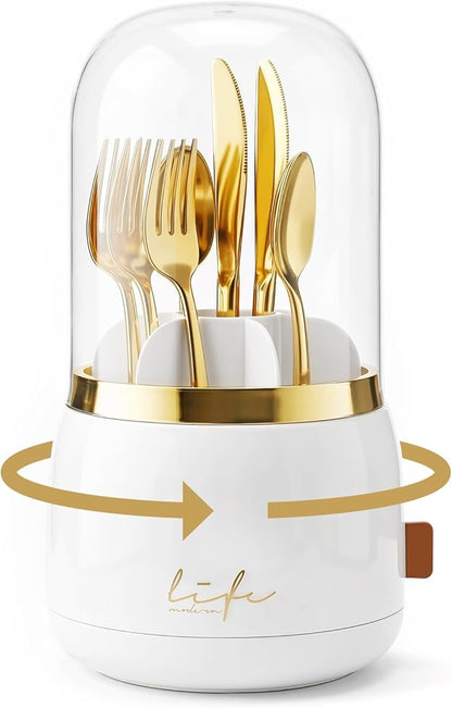 360° Utensil Holder Silverware Organizer with Lid,Kitchen Countertop Flatware Organizer and Countertop Storage(Fits Max 8.7" Utensils),Forks,Spoons Organizer,for RV,Party,Coffee Bar,picnic