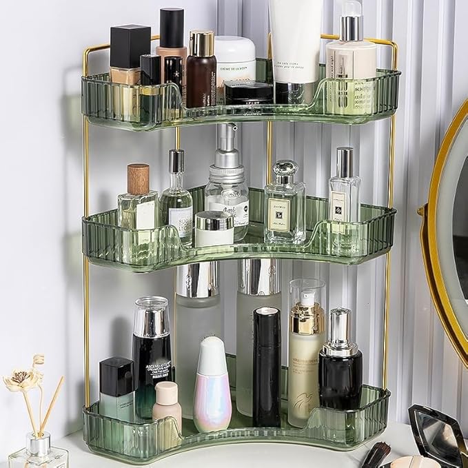 CESTATIVO Corner Bathroom Counter Organizer, Vanity Trays, Skincare Makeup Organizer, Bathroom Counter Shelf (3 Tiers, Green)