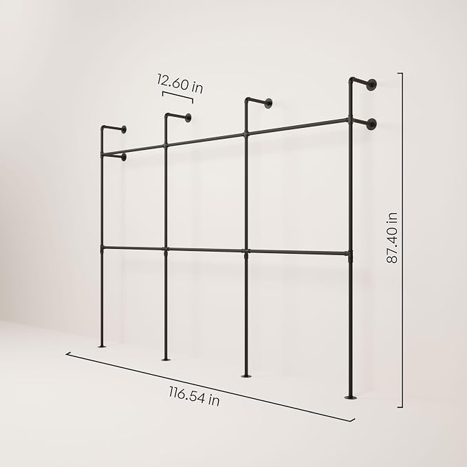 pamo Industrial Pipe Clothing Rack – Wall Mounted Black Closet System in Powder-Coated Steel – 116.54" W × 87.4" H – Easy Setup – Ideal for Walk-In Closets & Retail Use