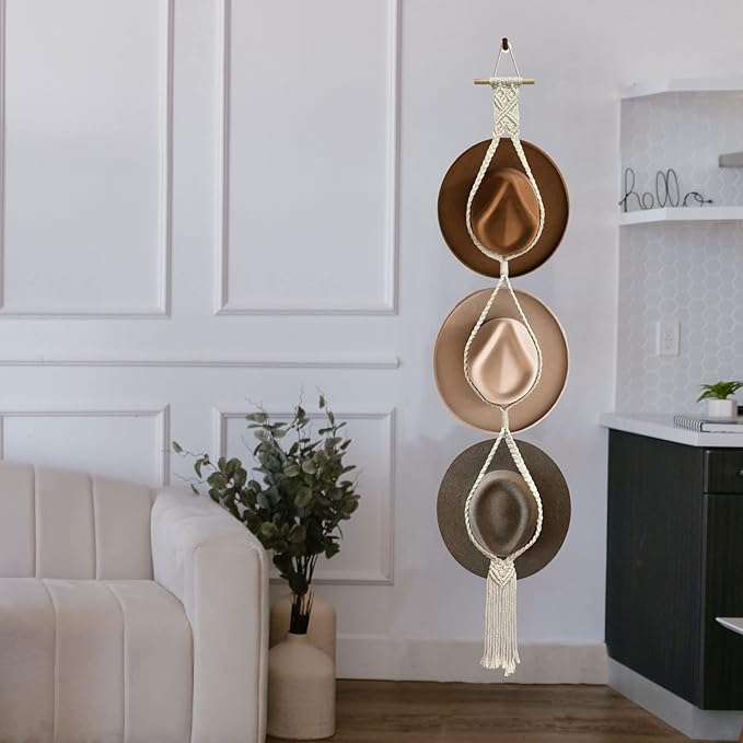 Besoamo Bohemian Hat Hangers Hat Organizer for Wall, Macrame Woman Hat Rack Hat Holder for Wall Hanging, Hand Weaving Boho Hat Holder Decorative Cap Organizer for Wide Brim Caps (Three Hats Style)