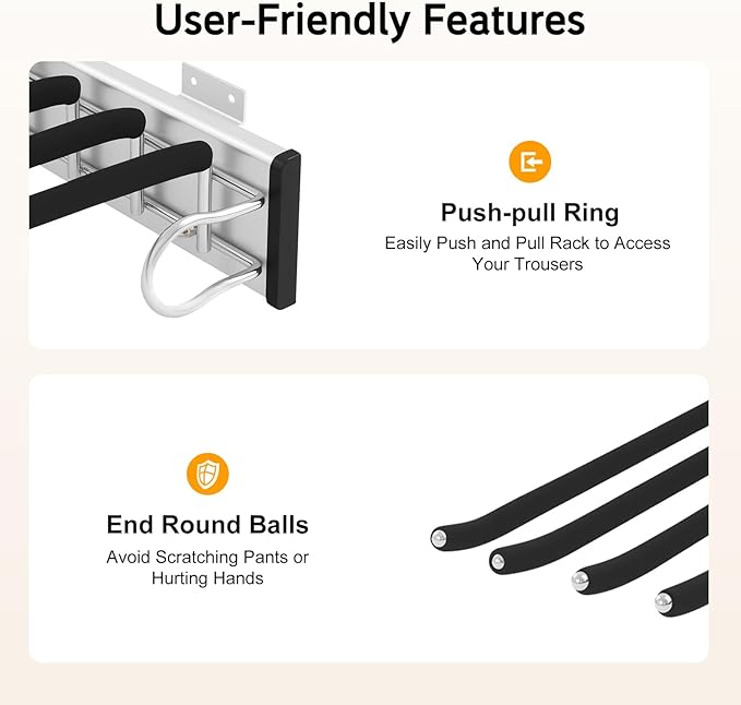 Pull Out Trousers Rack 9 Arms Closet Pants Hanger Bar Stainless Steel Rail Extendable Trousers Hanger for Clothes Towel Scarf Tie, 18.11x12.83in (Right Installation)