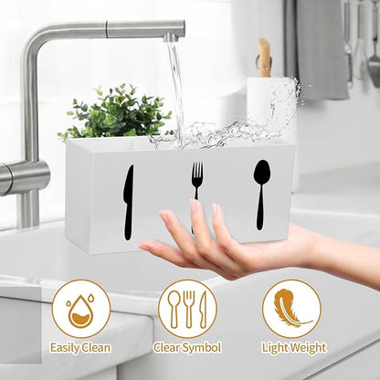 Plastic Utensil Holder, Knife Fork and Spoon Holder Silverware Caddy, Acrylic Kitchen Cutlery Storage Box, Flatware Organizer for Countertop, Indoor Outdoor Party Tableware Holder (White)