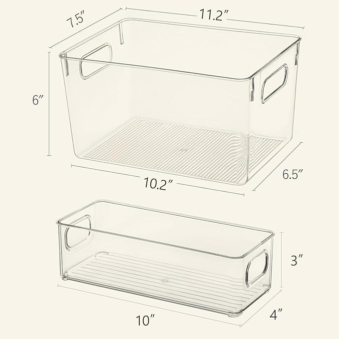 Qilinba Clear Storage Bins 8 Pack for Pantry Organizers, 4 Large Plastic Pantry Organizer Bins and 4 Small Stackable Storage Containers for Kitchen Cabinet, Home Edit, Freezer Fridge Organizer