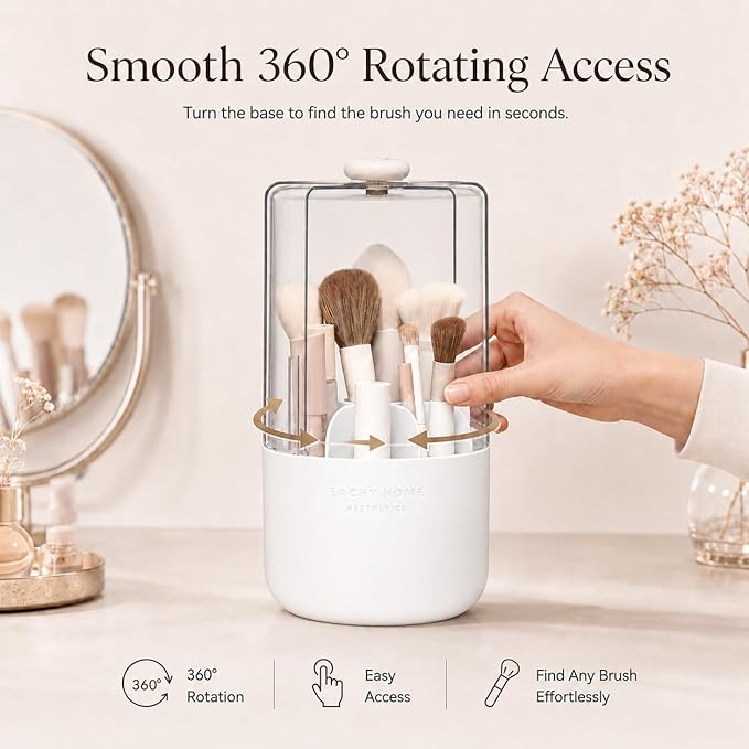 EACHY Makeup Brush Holder with Lid, 360° Rotating Vanity Organizer for Brushes, Dustproof Cosmetic Display Case, 7 Compartments, Waterproof Plastic (White)