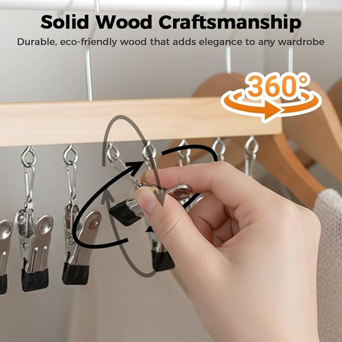 Legging Organizer for Closet, 2026 New Pants Hangers with 10 Clips, Space-Saving Clothes and Hat Storage Hook, Hanging Closet Organizer Hanger Clips for Skirts, Shorts, Trousers, Socks (Wood*2)