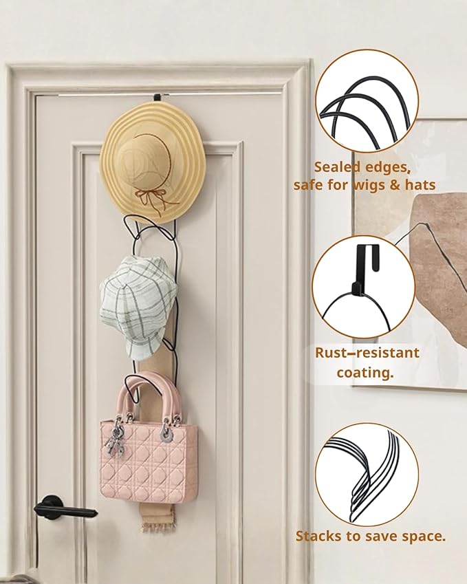 LINFIDITE 10 Pack Hat Rack Hanger Holder Organizer Closet Hanging Baseball Cap Display Storage Rack for Scarves Handbags Towels Clothes Ties Over Door Wall Mounted w Hanging Hook Black