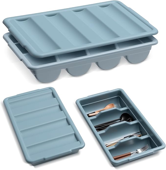 Maxdot 1 Pcs 20.5 x 11.9 x 3.7 Inch Silverware Organizer with Lid, Commercial 4-compartment Restaurant Kitchen Cutlery Tray, Plastic Silverware Storage Container, Condiments Holder (Grayish Blue)