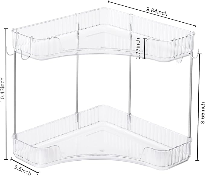2-Tier Corner Bathroom Organizer Countertop with Hooks, Bathroom Sink Corner Vanity Storage for Makeup, Skincare and Perfume (White Silver)