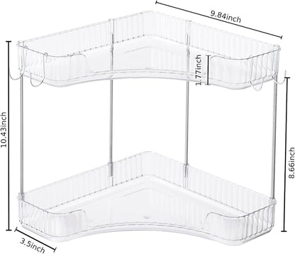 2-Tier Corner Bathroom Organizer Countertop with Hooks, Bathroom Sink Corner Vanity Storage for Makeup, Skincare and Perfume (White Silver)