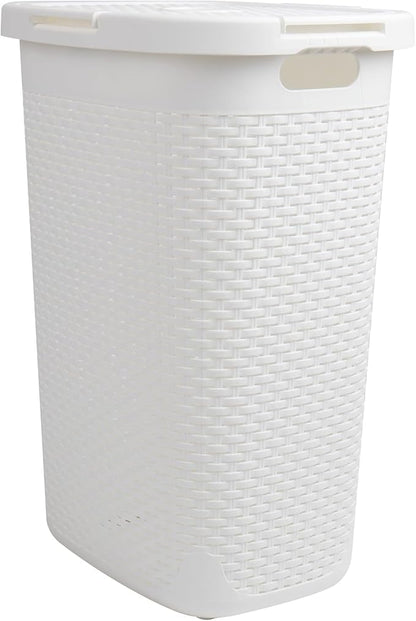 Mind Reader Slim Laundry Hamper with Lid, 60L Tall Clothes Basket, Narrow Tapered Design for Bathrooms, Closets and Laundry Rooms, Plastic, White