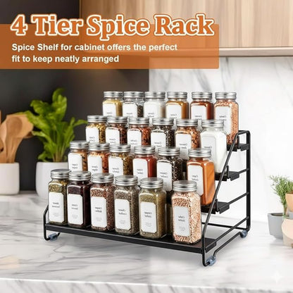 4 Tier Spice Rack Organizer for Cabinet, Step Adjustable Spice Shelf Seasoning Organizer with Non Slip Tiers, Expandable Metal Spice Rack for Kitchen Countertop, Pantry, Cupboard – Black