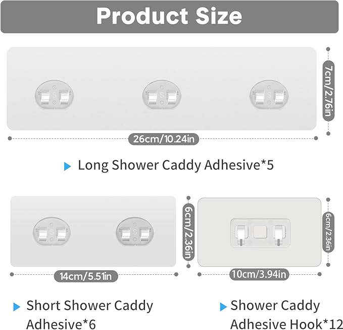 23 Pack Shower Caddy Replacement, Strong Adhesive Strips for Shelf, Waterproof Wall Hooks, No Drilling, Transparent, for Bathroom Organizer and Kitchen Racks