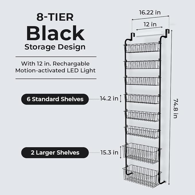 Over Door Organizer Storage - 8 Tier Black Metal Over the Door Pantry Organizer Heavy Duty Hanging Storage Rack, Behind Cabinet Shelves for Home, Kitchen, Bathroom, Closet, Pantry.
