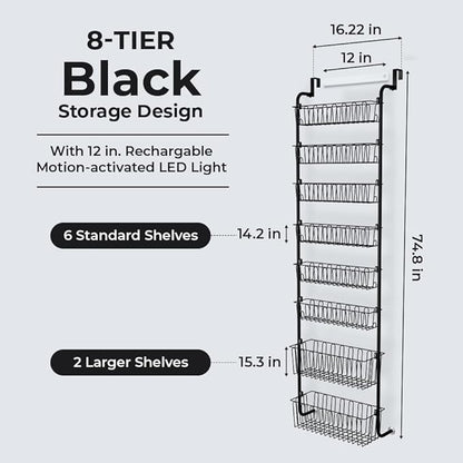 Over Door Organizer Storage - 8 Tier Black Metal Over the Door Pantry Organizer Heavy Duty Hanging Storage Rack, Behind Cabinet Shelves for Home, Kitchen, Bathroom, Closet, Pantry.