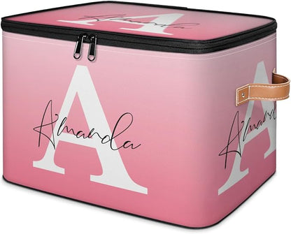 Custom Initial Name Storage Bins, Personalized Foldable Storage Basket Boxes with Zipper Lid&Handle, Customized Shelf Basket Cube, Gradient Pink