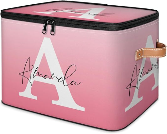 Custom Initial Name Storage Bins, Personalized Foldable Storage Basket Boxes with Zipper Lid&Handle, Customized Shelf Basket Cube, Gradient Pink
