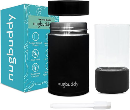 nugbuddy Mini Airtight Storage Container - Vacuum Sealed Insulated w Nested Glass Jar - UV Protection, Temperature Controlled Stainless - Whiteboard Finish w Marker Included - 100 ml