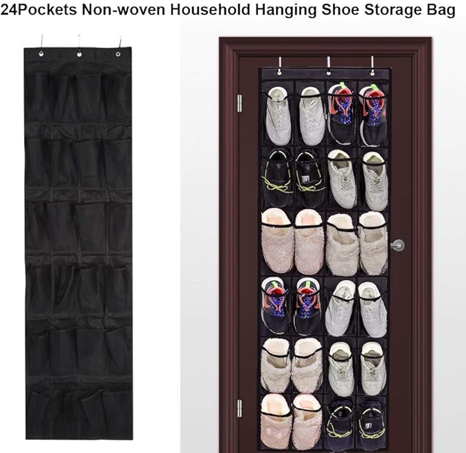 24 - Pockets Non - Woven Hanging Shoe Storage Bag, Over The Door Organizer, Large Capacity Wall Mount Shoe Rack with Metal Hooks for Home Closet Entryway