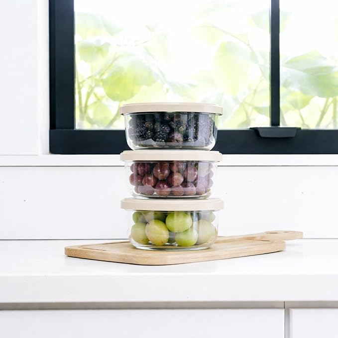 12-Piece Glass Food Storage Containers Set (6 Containers + 6 BPA-Free Lids) | 2-Cup, Leakproof | Microwave, Freezer, Oven & Dishwasher Safe | Ideal for Meal Prep & Pantry Organization, Beige