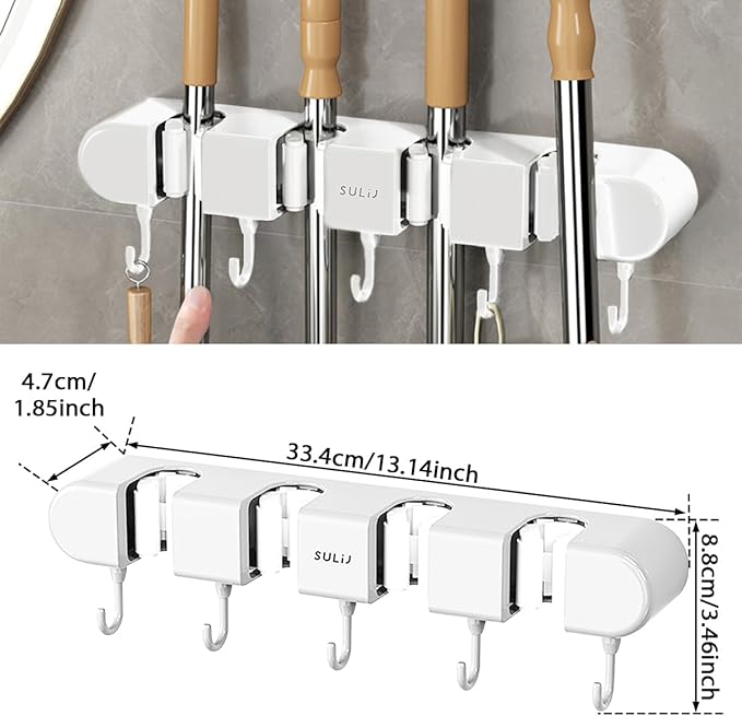 2Pcs Broom Holder Wall Mount, No-Drilling Self-Adhesive Mop and Broom Storage Rack with Hooks (4 Racks with 5 Hooks), Wall-Mounted Broom Hanger for Bathroom, Kitchen, Closet, Garage (White ﻿)