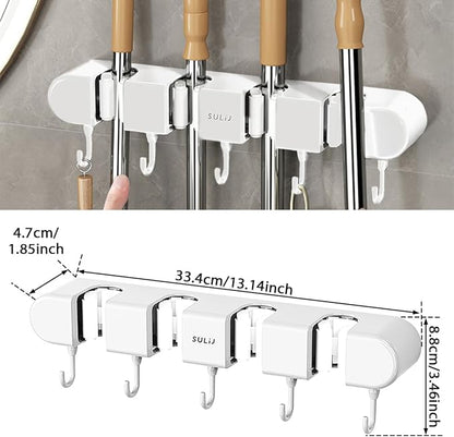 2Pcs Broom Holder Wall Mount, No-Drilling Self-Adhesive Mop and Broom Storage Rack with Hooks (4 Racks with 5 Hooks), Wall-Mounted Broom Hanger for Bathroom, Kitchen, Closet, Garage (White ﻿)