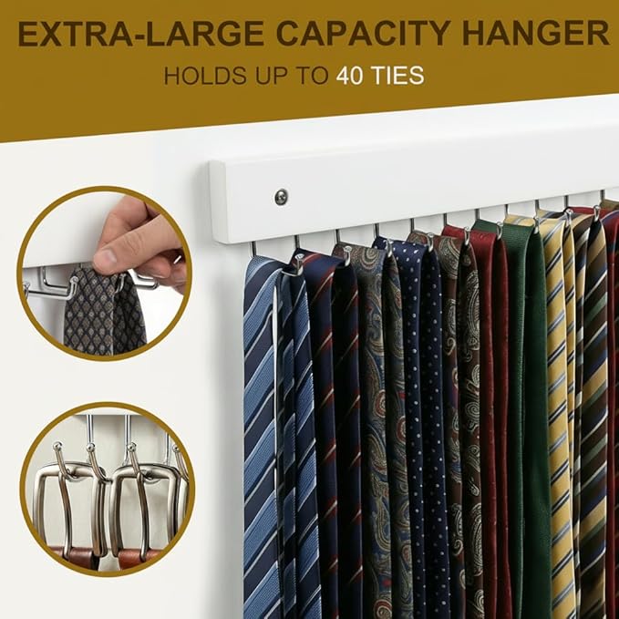 Wall Mounted Tie & Belt Rack Organizer - 2 Pack, 28 Hooks Hold 40 Ties & 40 Belts, 180° Rotating Space Saving Design, Sturdy Wood Decorative Wall Storage (White)