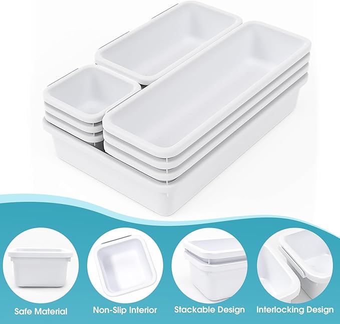 10 PCS Drawer Organizer Set, 4 Size Makeup Drawer Divider Organizer With Non-Slip Pads, Interlocking Plastic Storage Bins for Office,Jewelry Vanity,Gadgets, Bathroom,Kitchen, White