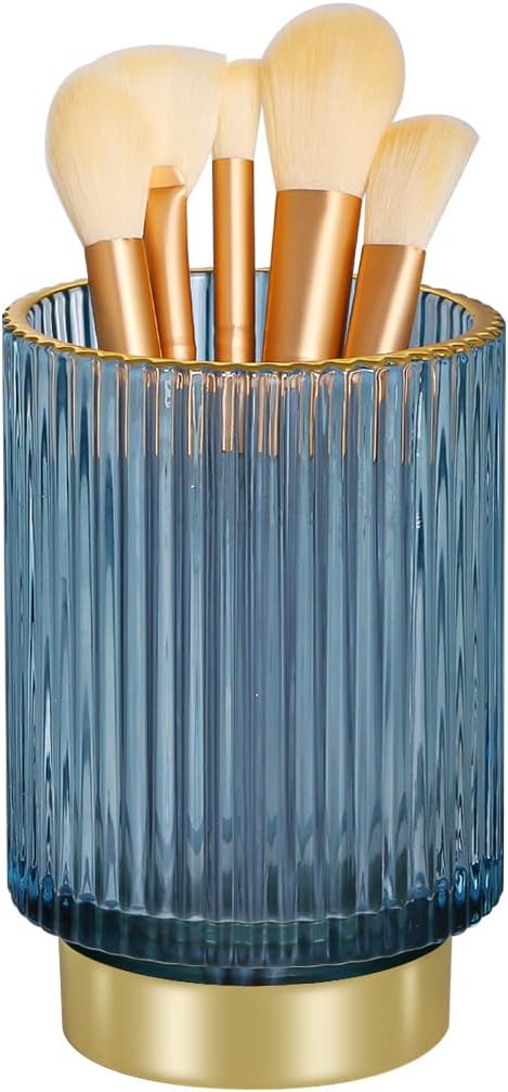 Glass Makeup Brush Holder, Blue Makeup Brush Holder for Vanity, Toothbrush Holders for Bathrooms, Desktop Makeup Organizer for Cosmetic, Brushes, Pen, Pencil