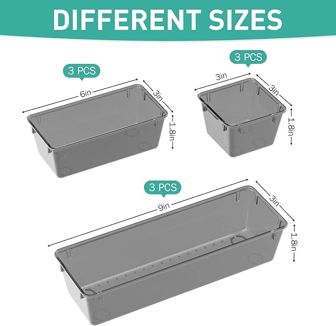 WOWBOX 9 Pack Clear Drawer Organizer Set, Acrylic Drawer Storage Trays, Storage Bins for Makeup, Cosmetics, Jewelries, Utensils, Gadgets, Office, Black