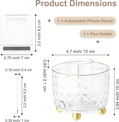 SAYEEC Pen Holder for Desk 6 Slots Rotating Makeup Brush Organizer Toothbrush Holder Versatile Desk Skin Care Cosmetic Organizer Pencil Cup Pot Art Supply Caddy for Office Vanity Bathroom (Clear Gold)
