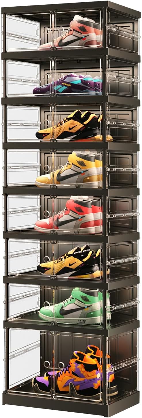 EHAMILY 8 Tiers 8-16 Pairs Foldable Shoe Boxes Small Plastic Shoe Storage Rack Collapsible Shoe Organizer for Closet Shoe Shelf Clear Stackable Quick Assembly Storage Cabinet with Doors Black