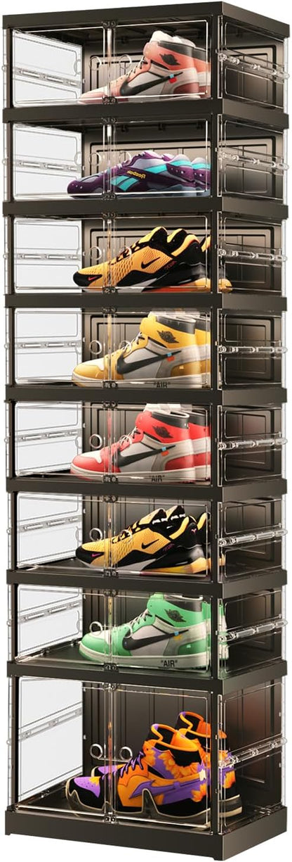 EHAMILY 8 Tiers 8-16 Pairs Foldable Shoe Boxes Small Plastic Shoe Storage Rack Collapsible Shoe Organizer for Closet Shoe Shelf Clear Stackable Quick Assembly Storage Cabinet with Doors Black
