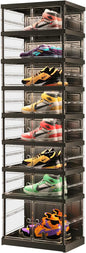 EHAMILY 8 Tiers 8-16 Pairs Foldable Shoe Boxes Small Plastic Shoe Storage Rack Collapsible Shoe Organizer for Closet Shoe Shelf Clear Stackable Quick Assembly Storage Cabinet with Doors Black
