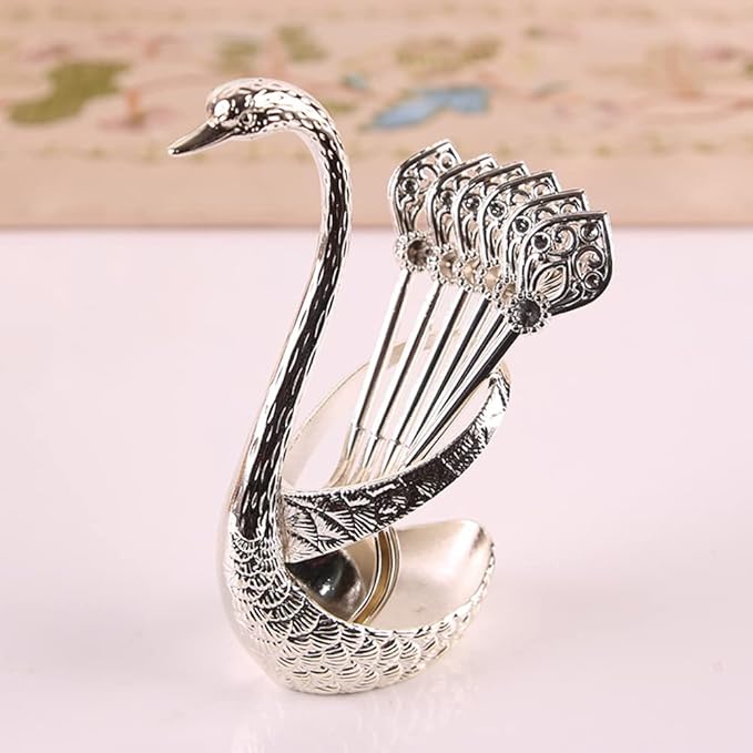Coffee Spoon Set With Holder, Swan Spoon & Fork Holder, Elegant and Charming Decorative Spoons Organizer Serving Kit, Durable Spoons Coffee Station Storage Organizer(COLOR:Silver)