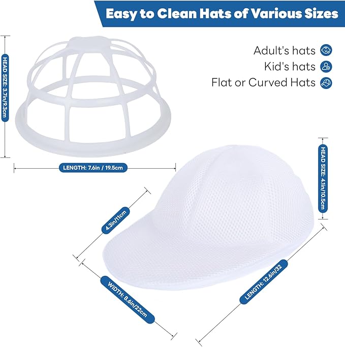 Upgraded Hat Washer Cage with Protective Mesh Bag, Durable Hats Cleaner for Caps, Hat Cleaner for Baseball Caps - Reusable, Fixed Holder, Prevents Deformation, Fits Most Hats, Pure White 2P