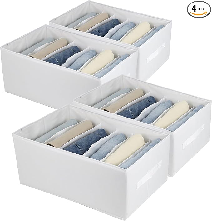 Fordonral Extra Large Clothes Closet Organizer 6 Compartments for Jean Sweater Sheets to Shirt - Divided Clothing Storage Boxes for Closet, Wordrobe, Bedroom, Shelf (4pc White)