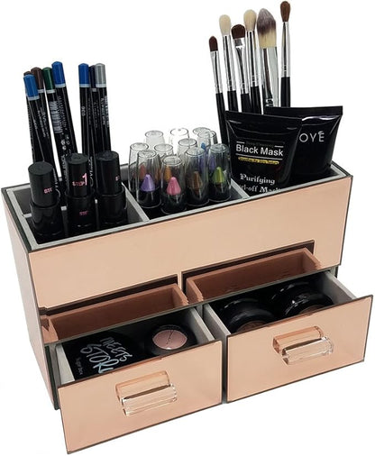 OnDisplay Olivia 2 Drawer Tiered Mirrored Glass Makeup/Jewelry Organizer - Rose Gold