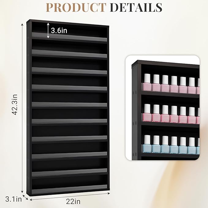 10-Tier Nail Polish Rack,Wall Mount Nail Polish Organizer w/Acrylic Baffle, 42*12 inch Salon Display Shelf for Home Spa & Nail Studio,Perfect for Lipstick,Perfume,Holds 120 Bottles(Black, L)