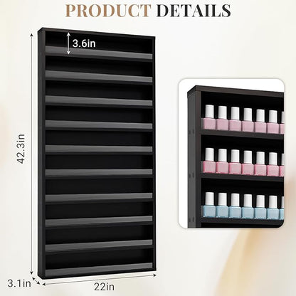 10-Tier Nail Polish Rack,Wall Mount Nail Polish Organizer w/Acrylic Baffle, 42*12 inch Salon Display Shelf for Home Spa & Nail Studio,Perfect for Lipstick,Perfume,Holds 120 Bottles(Black, L)