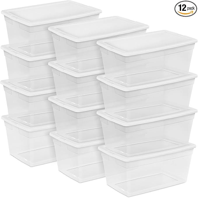 Sterilite 12-Pack 90 Quart Storage Box, Stackable Clear Plastic Bins with Snap-On Lids - Heavy-Duty Organizing Containers for Closet, Bathroom, and Office