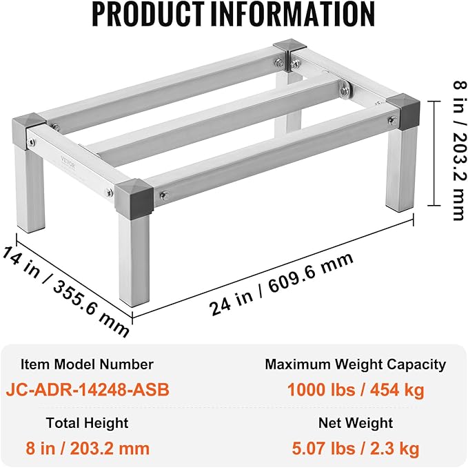 VEVOR Aluminum Dunnage Rack, 24” x 14” Commercial Food Floor Rack, 8” Off the Floor, 1000 lbs Capacity Adjustable Aluminum Storage, for Storage in Restaurants, Kitchens, Garages and Vehicles