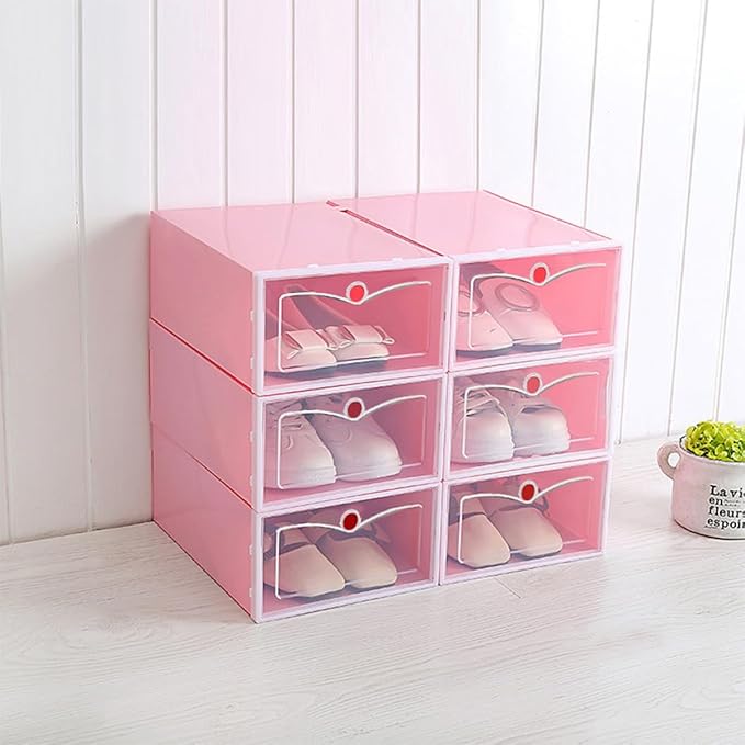 6PCS Stackable Transparent Plastic Shoe Boxes with Thickened Design Small S Pink Shoe Storage Containers for Sneakers Closet Organizer