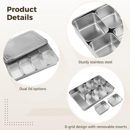 ZALIR 8 Grid Stainless Steel Yakumi Pan, Multi Compartment Yakumi Pans, Condiment Containers, Multi Compartment Food Containers for Herbs, Spices