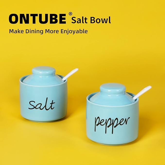 ONTUBE Farmhouse 8oz Salt Bowls with Lid and Spoon, Ceramics Condiment Pots, Seasoning Jar Spice Container for Kitchen, Dishwasher Safe (Turquoise)