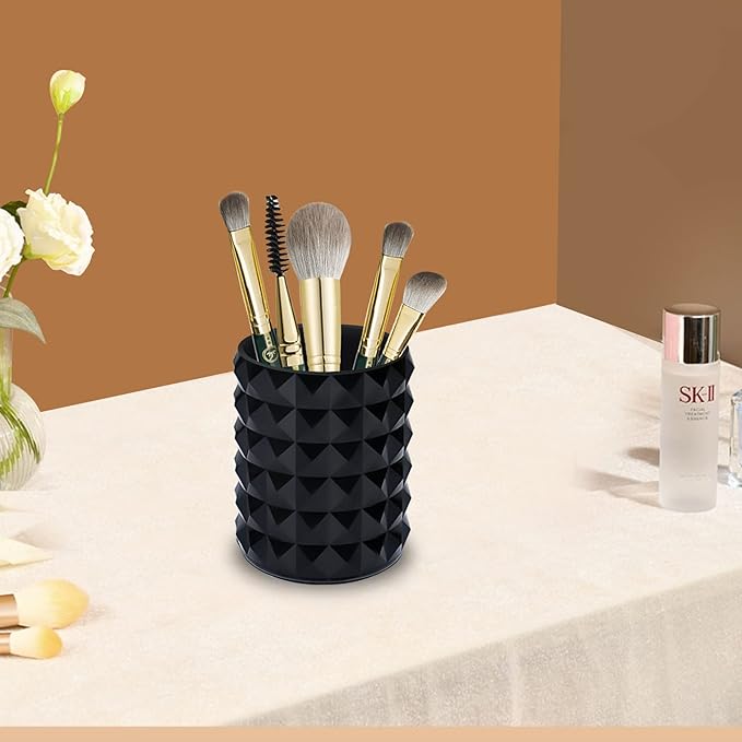 Acrylic Makeup Brush Holder Organizer, Black Pencil Pen Holder, Crystal Cosmetics Brushes Cup Storage Solution, Round