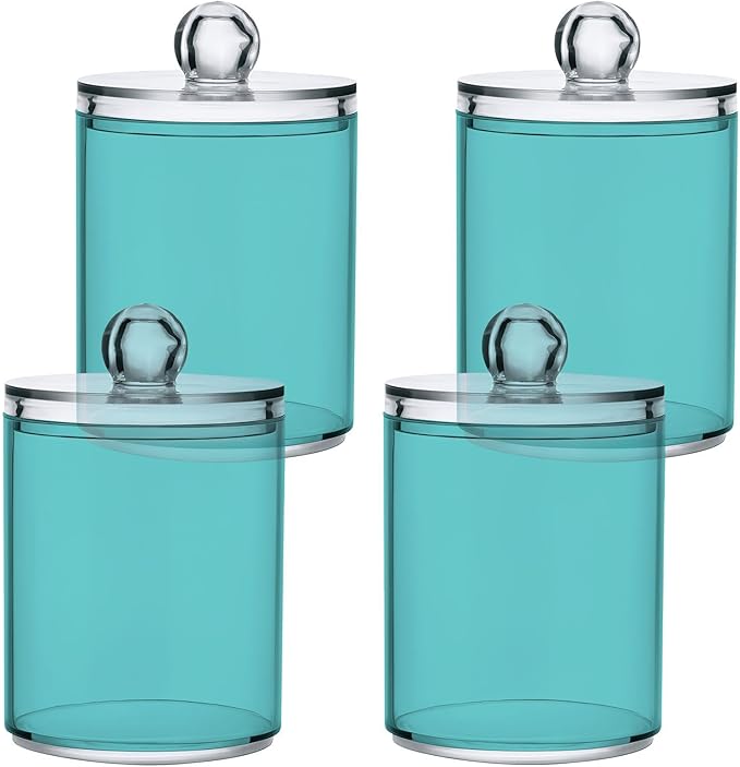 2 Pack Qtip Holder Dispenser Apothecary Jars with Lids Plastic Acrylic Bathroom Vanity Countertop Canister Storage Organizer for Cotton Ball,Swabs,Pads,Floss, Pale Turquoise