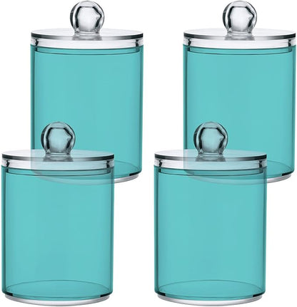 2 Pack Qtip Holder Dispenser Apothecary Jars with Lids Plastic Acrylic Bathroom Vanity Countertop Canister Storage Organizer for Cotton Ball,Swabs,Pads,Floss, Pale Turquoise