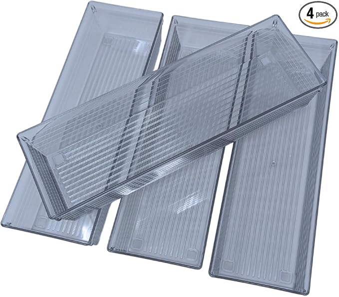 4 Pack 12"x 4" Clear Plastic Desk Drawer Organizer Tray Bathroom Office Kitchen Utensils Silverware Desk Drawer Storage Bins Container for Dresser Cosmetics Toiletries